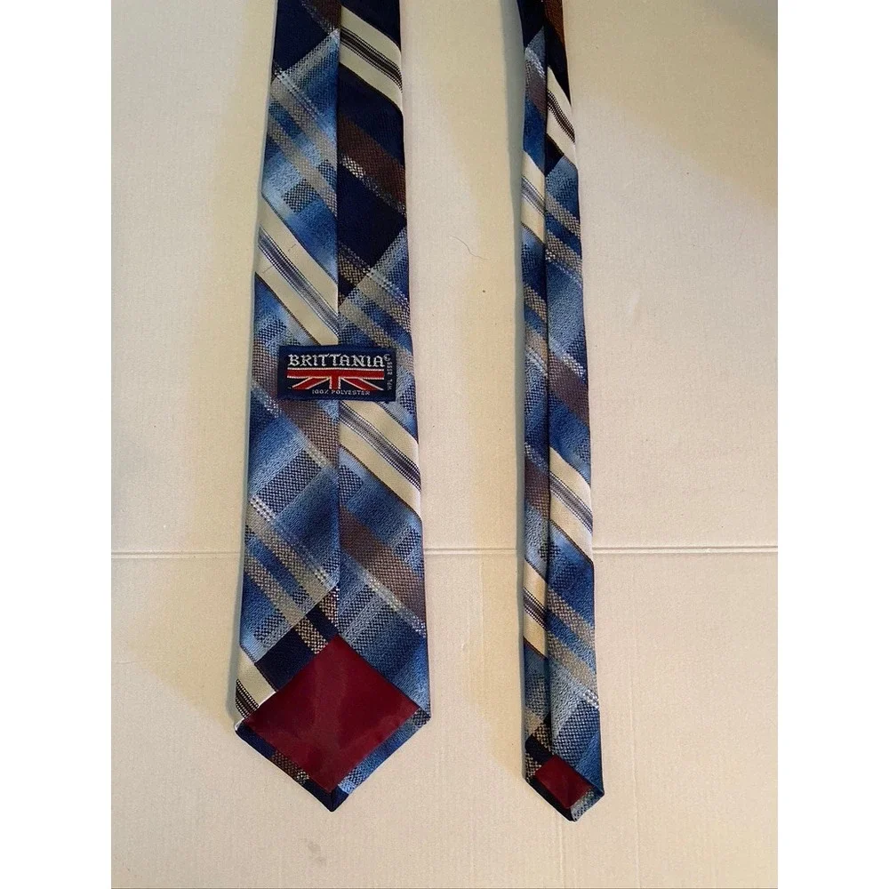 Brittania Mens Blue Plaid Diagonal Stripe Polyester Necktie 3342